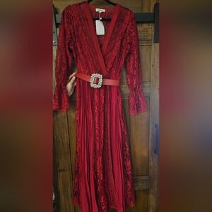 Ce More Elegant Red Lace Dress with Belt